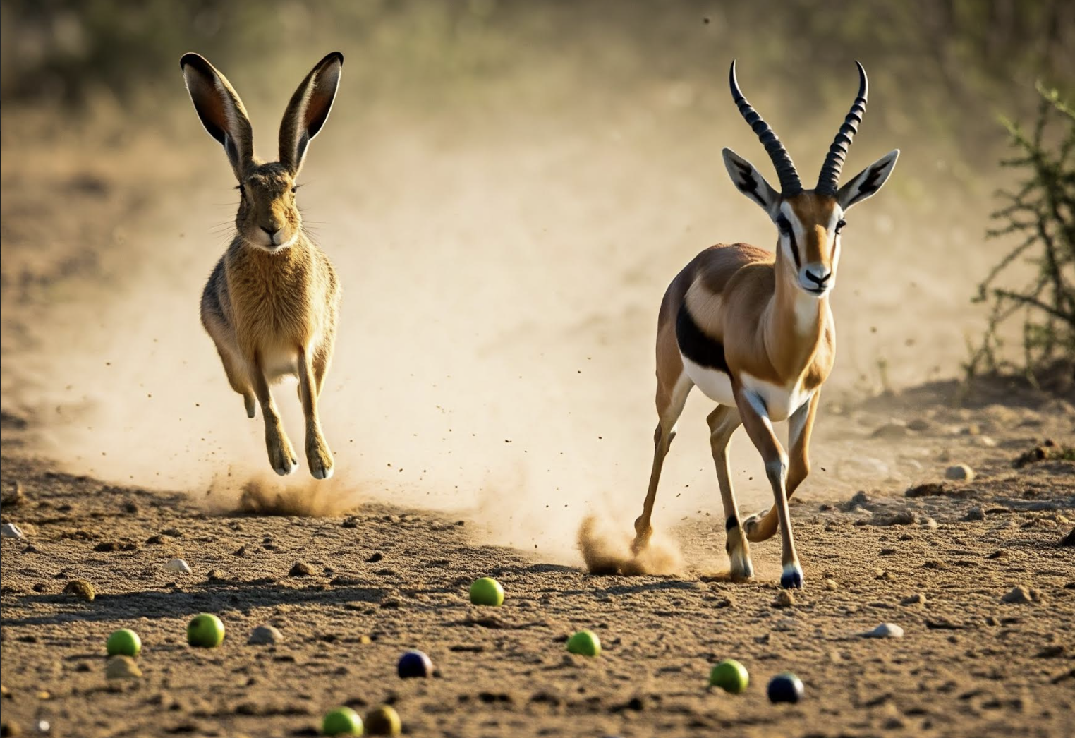 Illustration: Hare, Antelope, and Plums. AI Generated